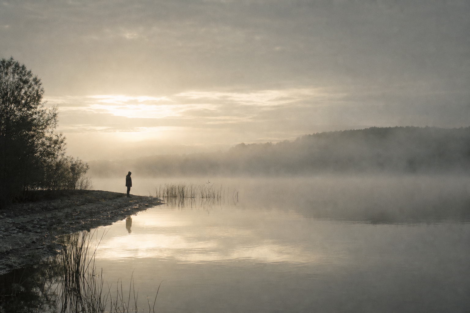 Silhouette am nebligen See im Morgenlicht